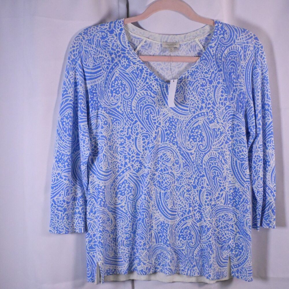 NWT Talbots Women's Small Petite Blue White Paisley V-Neck Sweater
